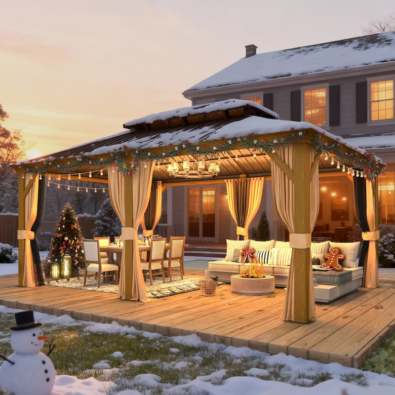 Outdoor Hardtop Gazebo with Galvanized Steel Double Roof & Aluminum Frame, Outdoor pergola with Premium Curtains and Nettings - 12*18 - Wood Grain