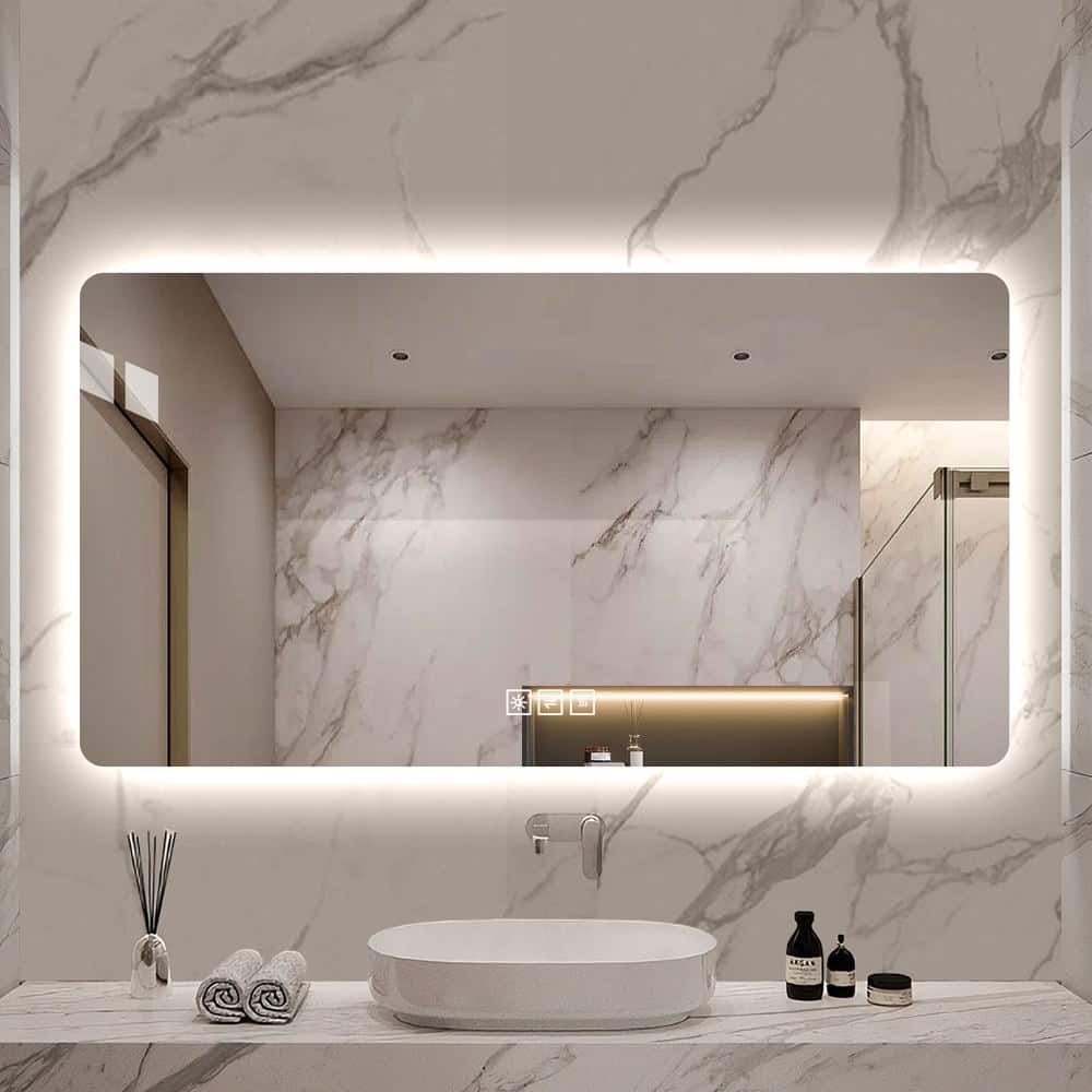 48*24in LED bathroom mirror, corrosion-resistant, three-color dimmable, backlit mirror with one-touch demist function