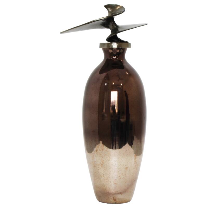 Glass Vase with Sculptural Aluminum Accent Metal Transitional Style