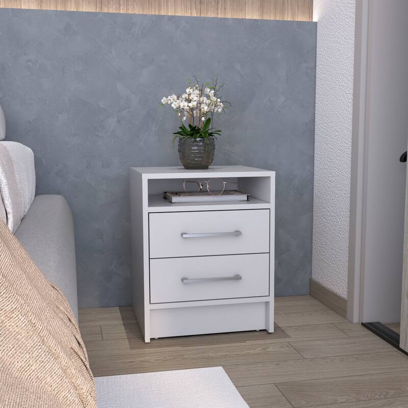 White Nightstand with 2 Drawers, 1 Shelf, and Compact Design - White