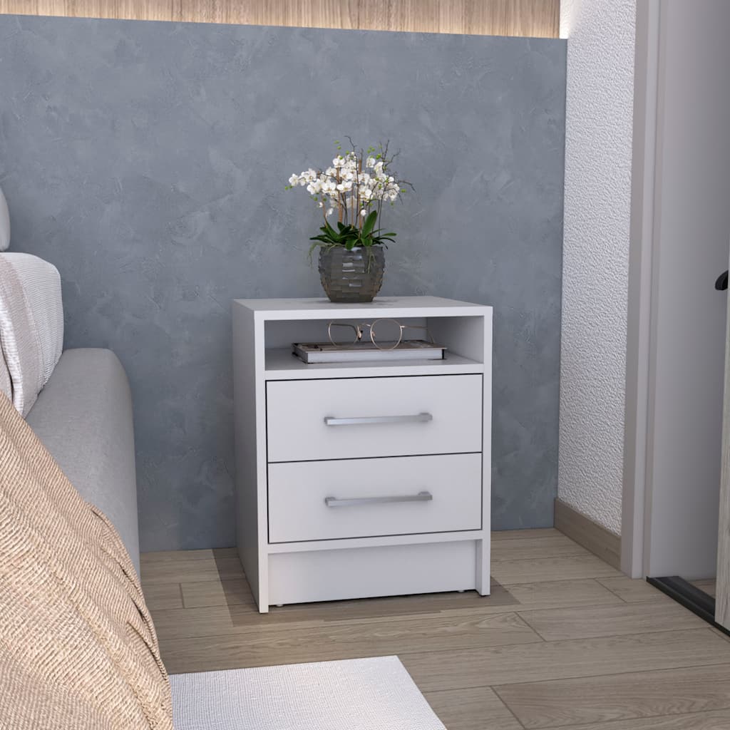 White Nightstand with 2 Drawers, 1 Shelf, and Compact Design