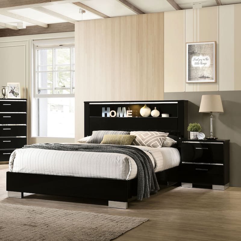 Lofa Contemporary Black Wood Storage Panel Bedroom Set with LED and USB Ports by Furniture of America