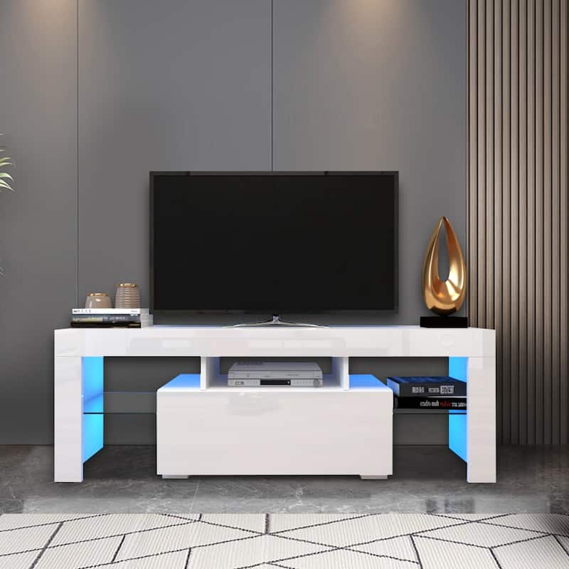 White Modern Style 51.18" TV Stand with LED RGB Lights and Big Drawer for TVs Up to 50"