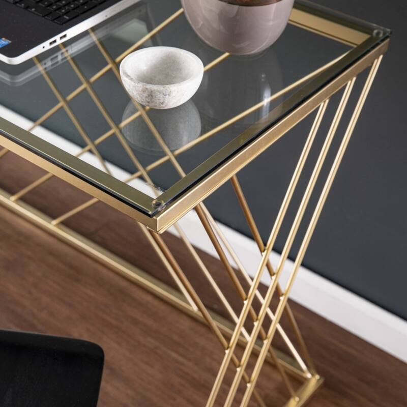 Clear Glass Gold Metal Writing Desk with Shelf and Rectangular Glossy Finish