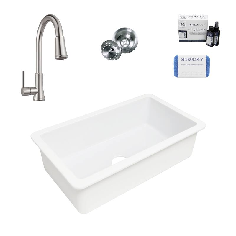 Eden Crisp White Fireclay 31" Undermount Single Bowl Kitchen Sink with Pfirst Faucet Kit