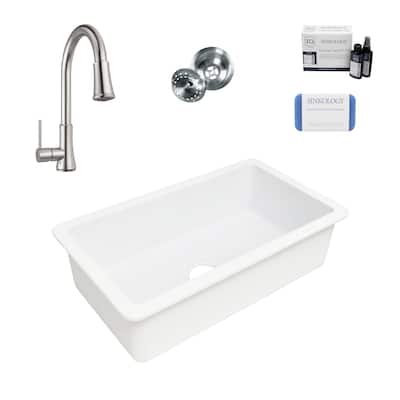 Eden Crisp White Fireclay 31" Undermount Single Bowl Kitchen Sink with Pfirst Faucet Kit
