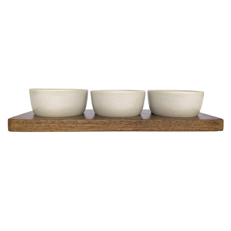 Stoneware Serving Dish with Mango Wood Base