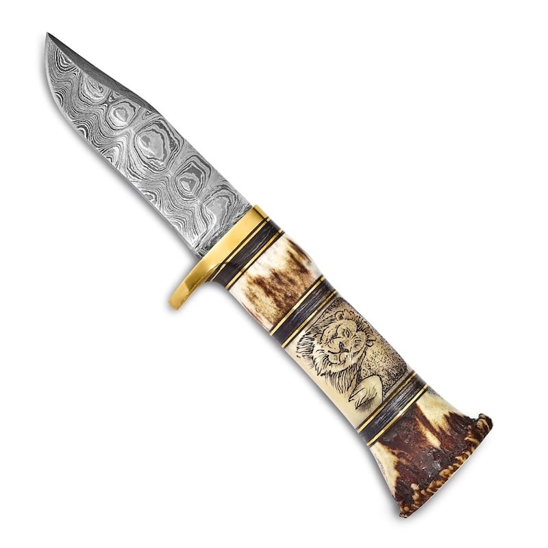 Curata Damascus Steel 256 Layer Fixed Blade Lion Elephant Scrimshaw Handle Knife Leather Sheath Gift Box