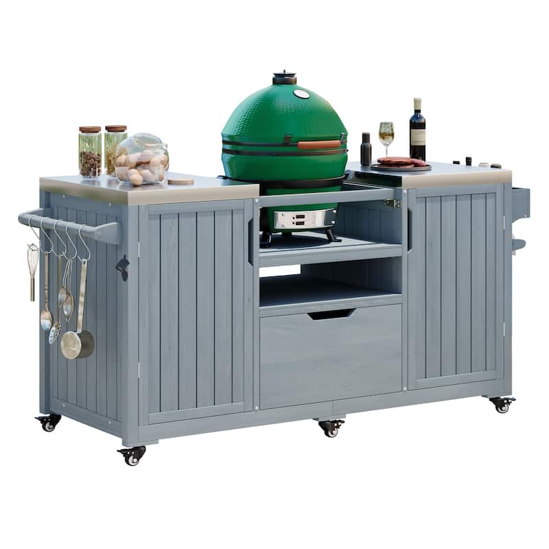 Outdoor Kitchen Island Grill Cart for Big Green Egg Grills with Stainless Steel Top and Storage Racks