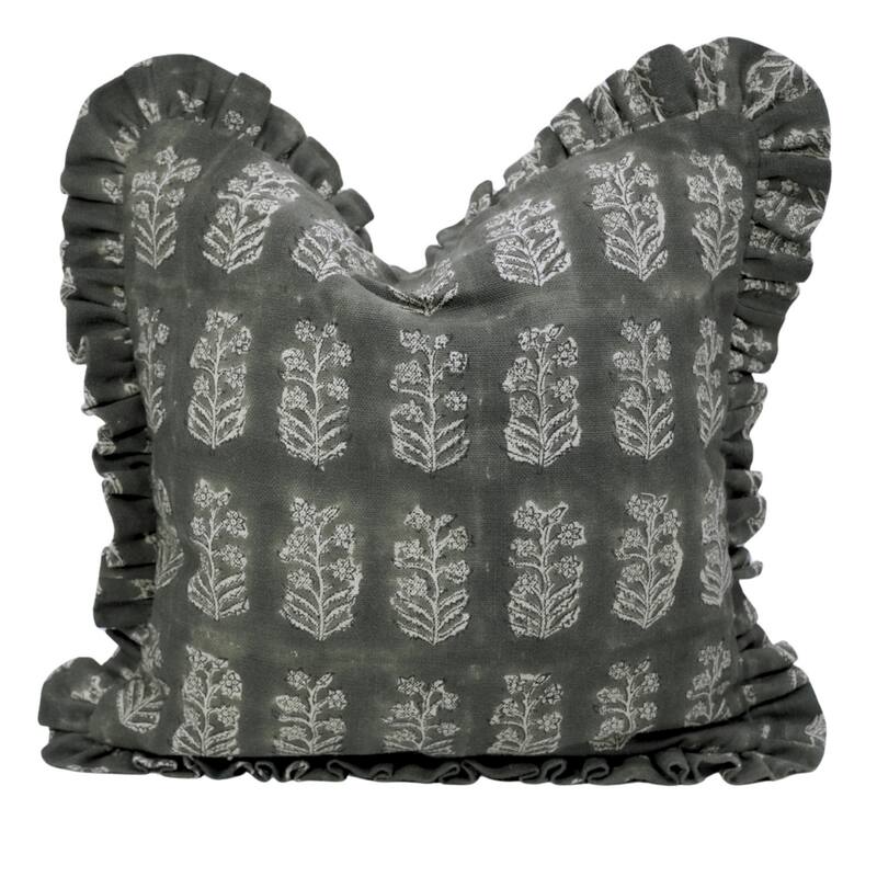 Fabdivine Heavy Linen Floral Ruffled Both Side Cushion Cover Home Décor Accent - Inderdhanush- Dark Grey - 12" x 20" - Cover Only