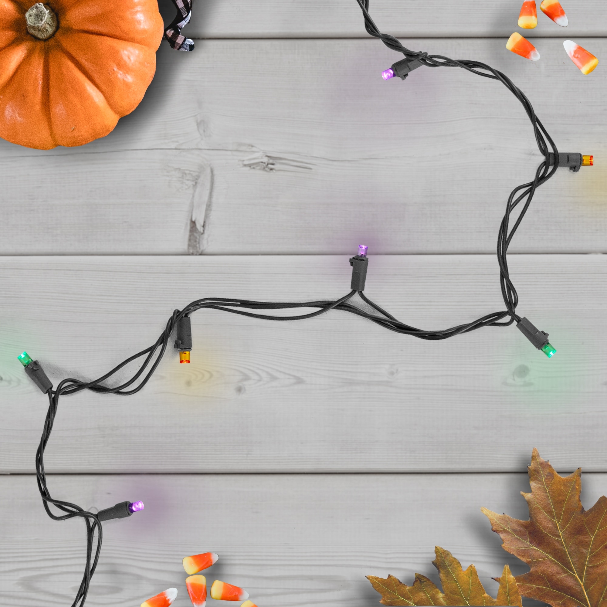 50 Count Purple, Green Orange LED Christmas Lights, 16 ft Black Wire