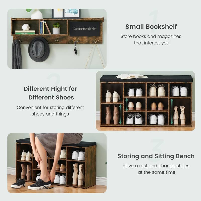 Hall Tree Shoe Bench Industrial 6 in 1 Coat/Shoe Rack