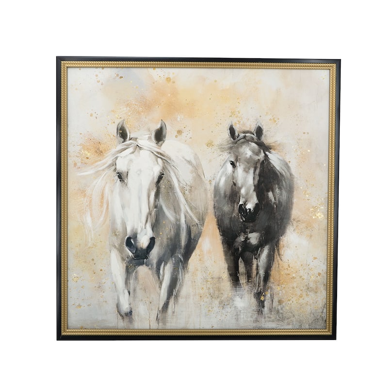 39.4x39.4" Realistic Hand-Painted White and Black Horse Canvas Art with Beige Backdrop