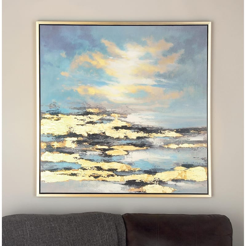 Canvas Geode Landscape Framed Wall Art with Gold Frame - Blue - Roche River Decor