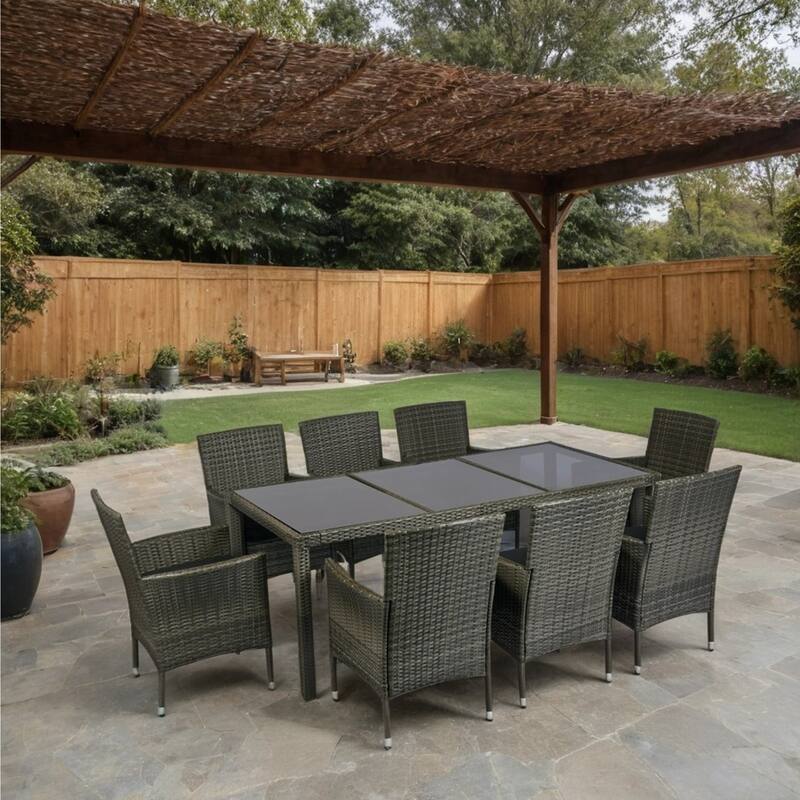 Outdoor Patio 9 Piece Wicker Dining Table Chairs Set Glass Table Top Casual Dining Table and 8 Removable Cushions Armchairs