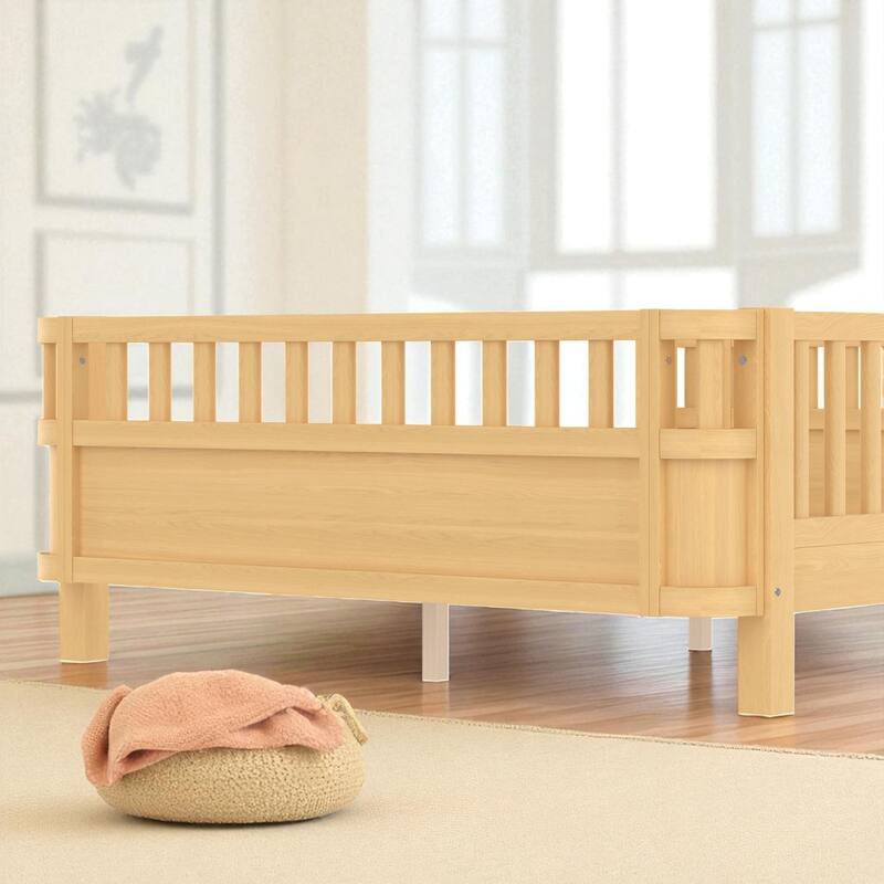 Wood Platform Bed with Guardrails & Detachable Fence, Twin/Full/Twin XL/Queen Size Kids Bed, Safety Design, No Box Spring
