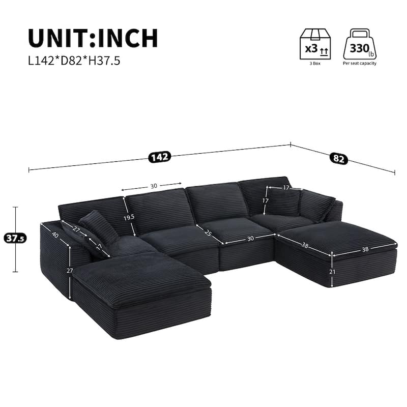 142" Fully Compressed U-Shape Modular Sectional Sofa with Ottomans