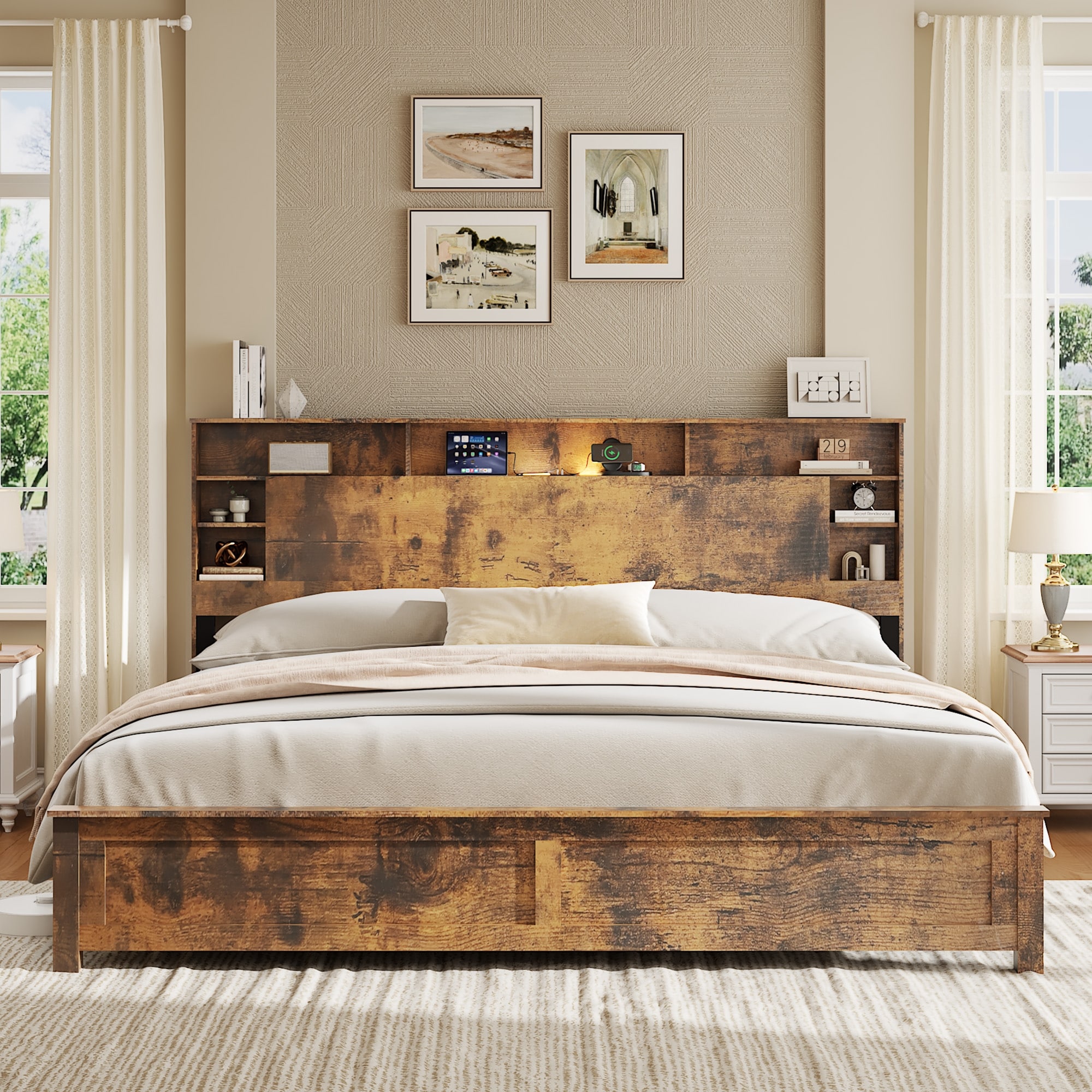 King Size Platform Bed Frame with Storage Headboard & Charging Station