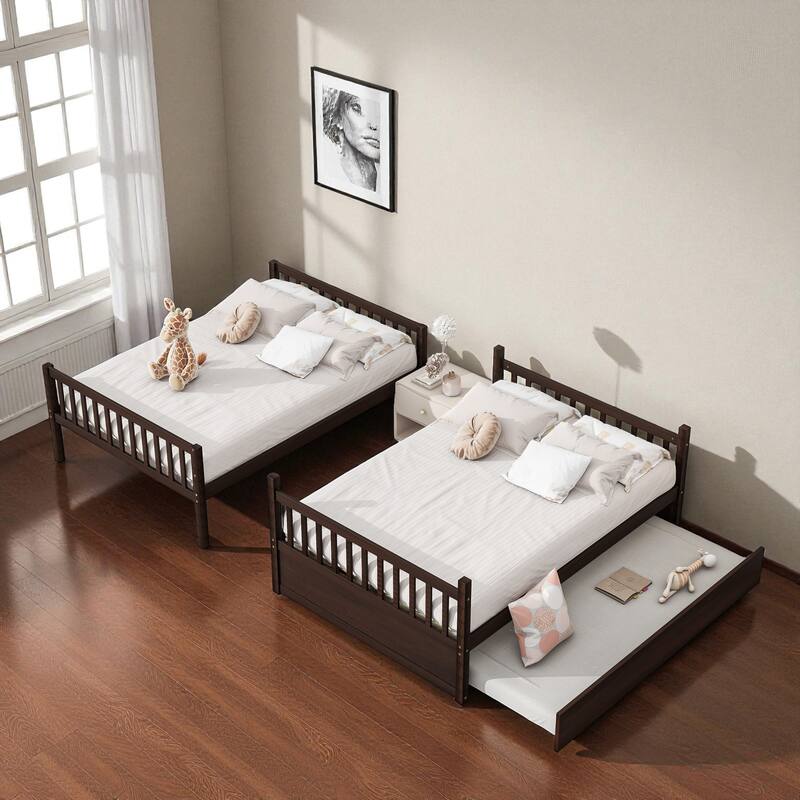 Full Over Full Rubber Wood Bunk Bed with Trundle, Convertible into Two Full Beds, Ladder and Guardrails Included
