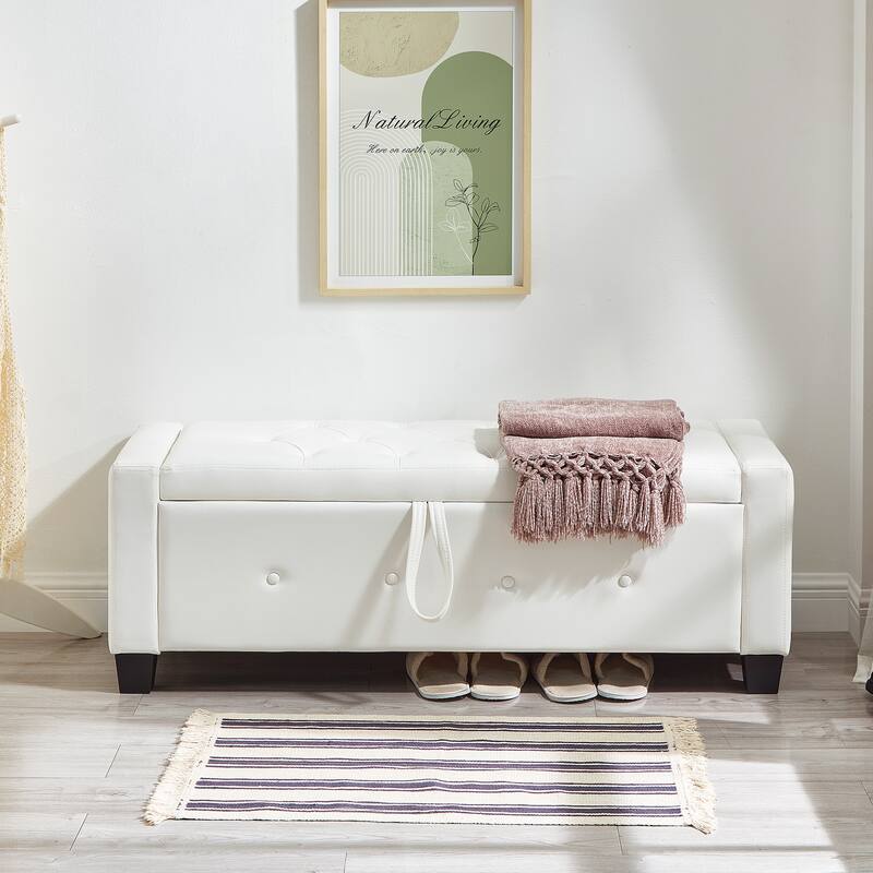 Tufted Faux Leather Storage Ottoman Bench for Bedroom, Living Room & Hallway, 48" Multifunctional Upholstered End of Bed Bench