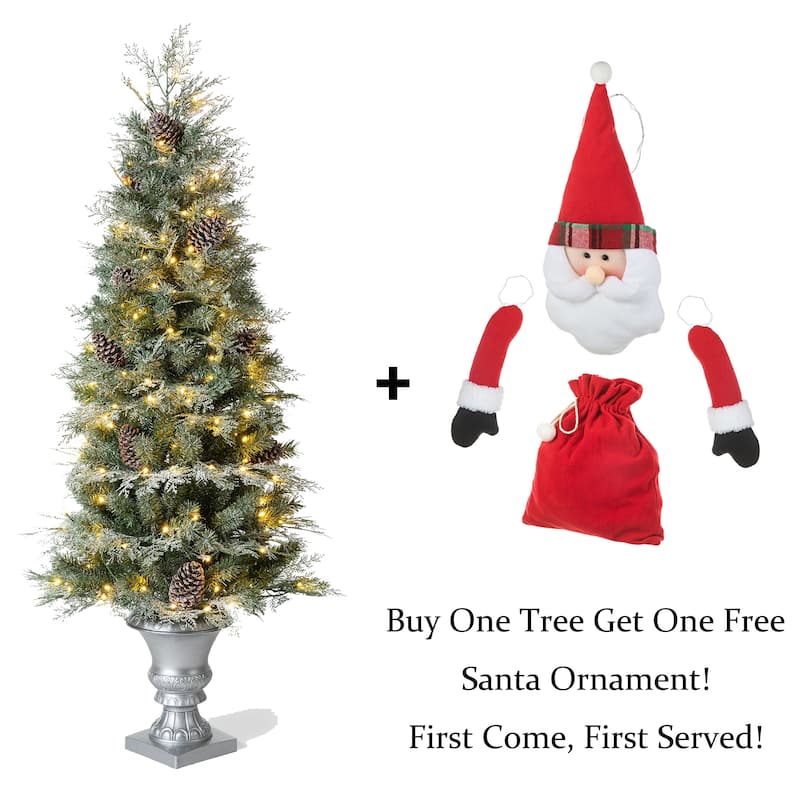 Glitzhome 4/5/6FT Pre-lit Artificial Flocked Pine Potted Christmas Tree for Entryway-Come with a Free Santa Ornament