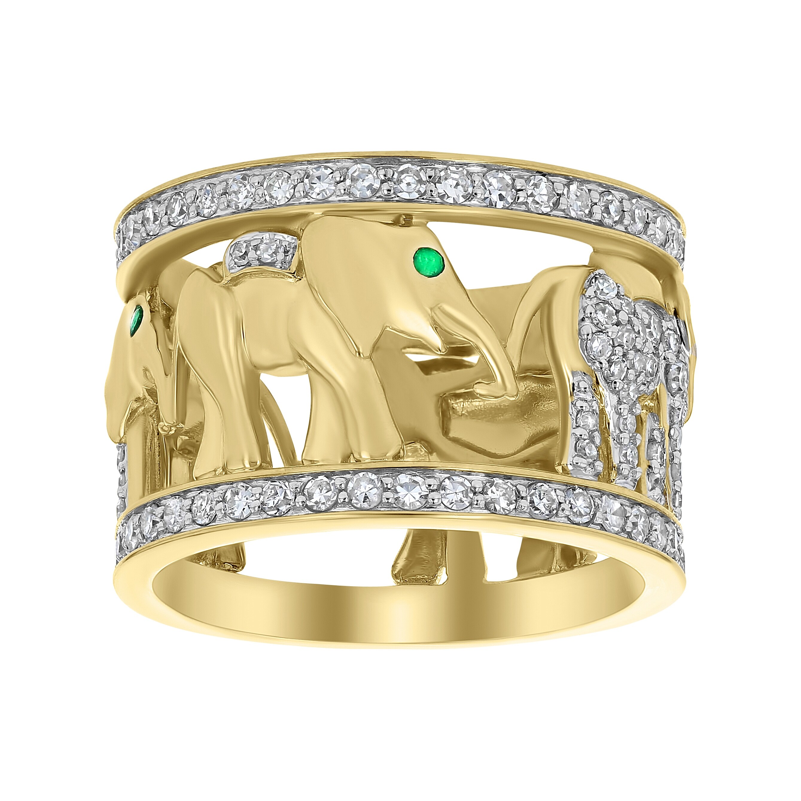 14k Yellow Gold 1 1/10 TDW Diamond and Tsavorite Elephant Wide Eternity Band by Beverly Hills Charm