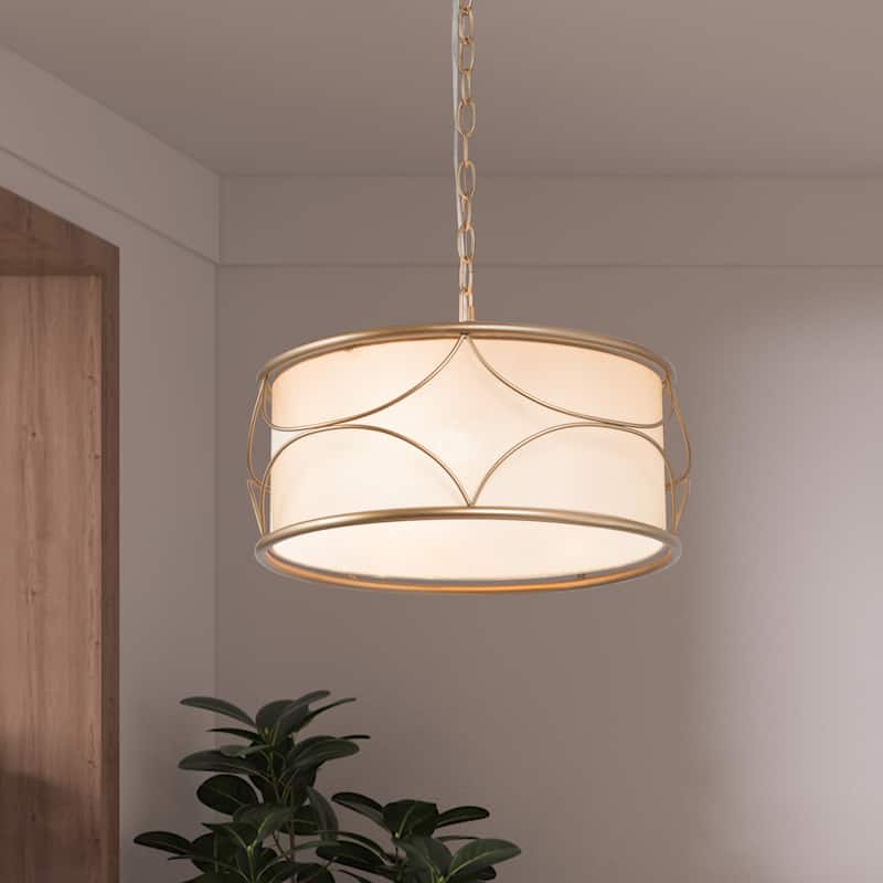 Bella Modern Farmhouse 3-light Drum Geometric Frame Chandeliers Off-white Fabric Shade Lighting - D17.5'' x H39.5''