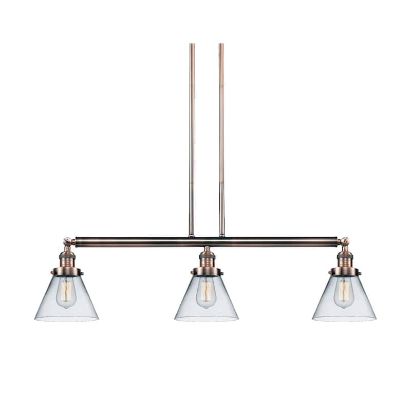 Innovations Lighting Large Cone 3 Light 40" Wide Linear Chandelier - Antique Copper / Clear