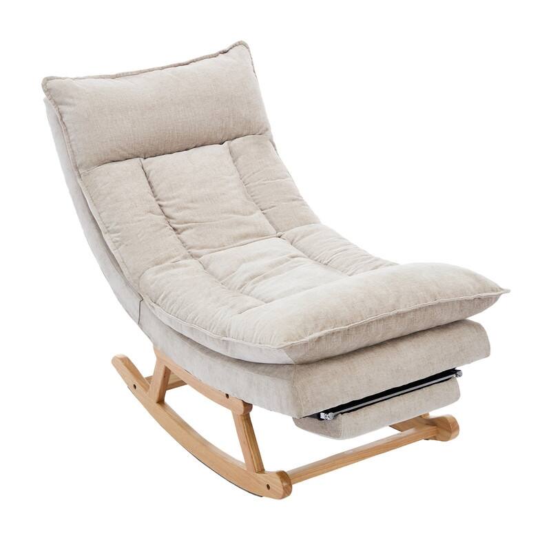 Fabric Upholstered Rocking Chair with Solid Wood Base and Hidden Footrest – Ergonomic Dual-Cushion Design