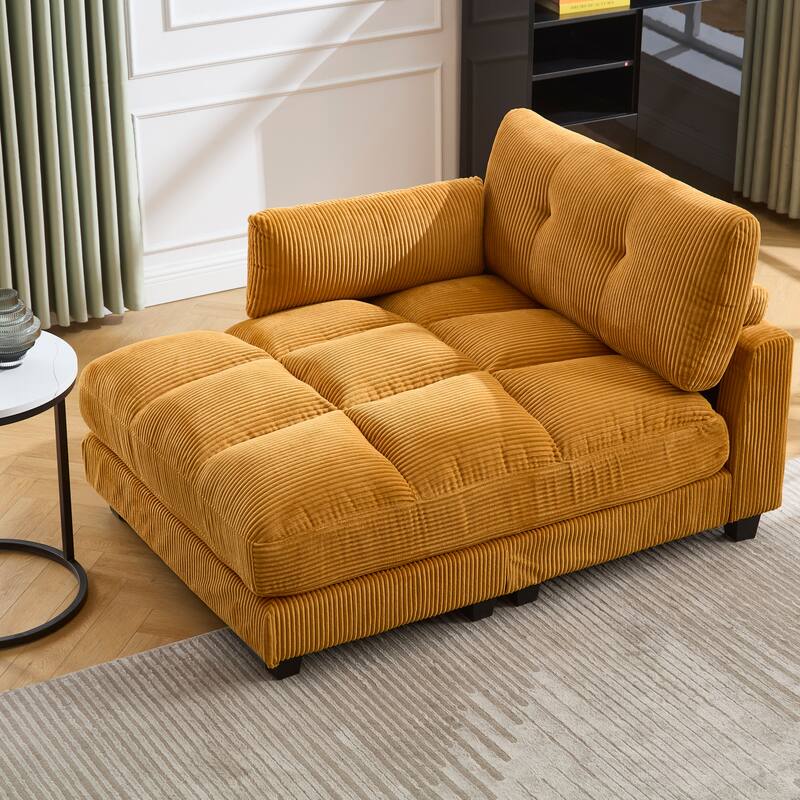 Oversized Corduroy Upholstered Single Chaise Lounge Sofa Couch Switchable Armrest with Cup Holders, USB Ports and Pockets