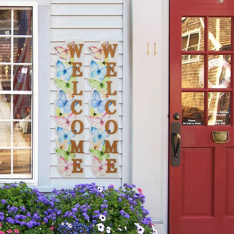 Glitzhome 42"H Solid Wood WELCOME Porch Sign with Bee or Butterfly Outdoor Decor