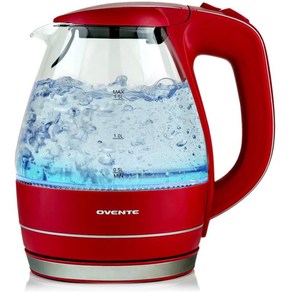 Ovente Electric Glass Kettle 1.5 Liter with Filter, Maroon