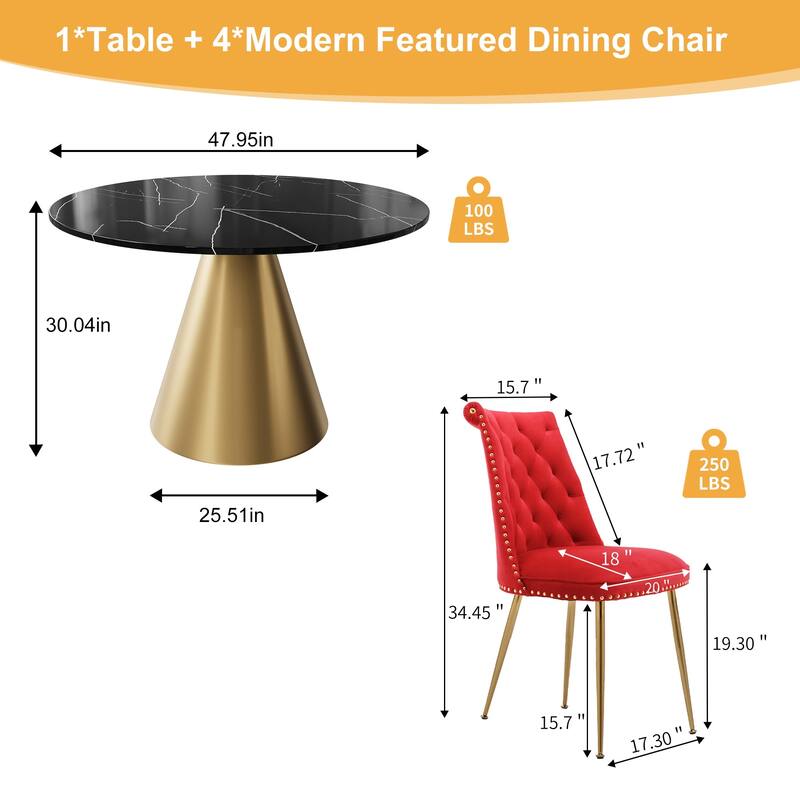 48" Marble Top Metal Dining Table with Velvet Dining Chair Set