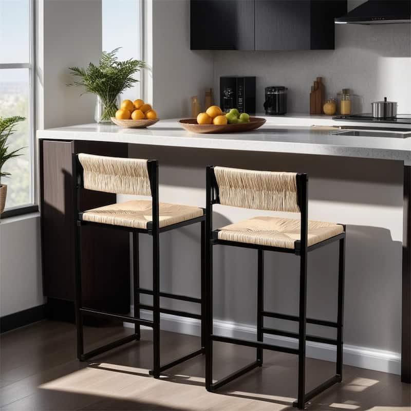 Modern Bar Stools with Metal Frame and Woven Seat(Set of 2) - N/A - Creamy White