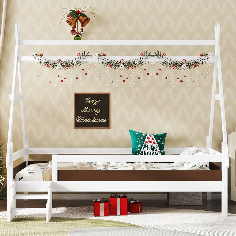 Childlike Fun House-shaped Platform Bed Frame with Low Profile Stairs - White - Twin