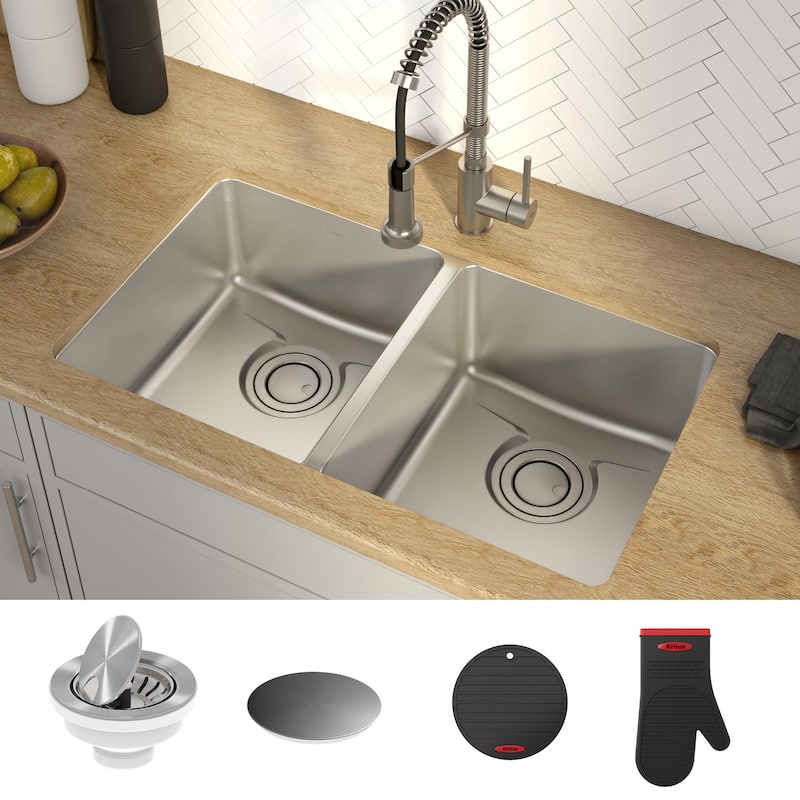 Kraus Dex 33" Double Basin 16 Gauge Stainless Steel Kitchen Sink for