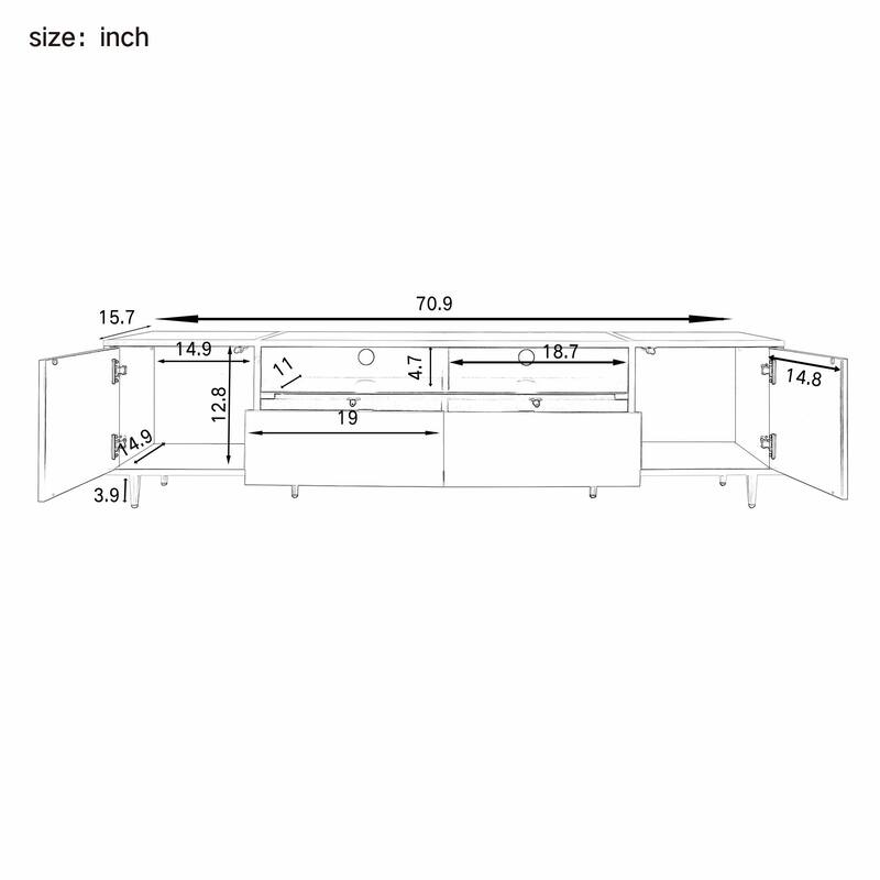 70.9'' Modern Entertainment Center, LED Lights, 2 Shelves, 2 Drawers & Metal Legs