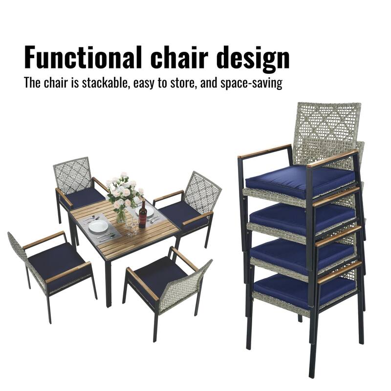 All Weather 5-Piece Patio Dining Table Sets, Patio Conversation Set Acacia Wood Table Top with Umbrella Hole, Rattan Outdoor