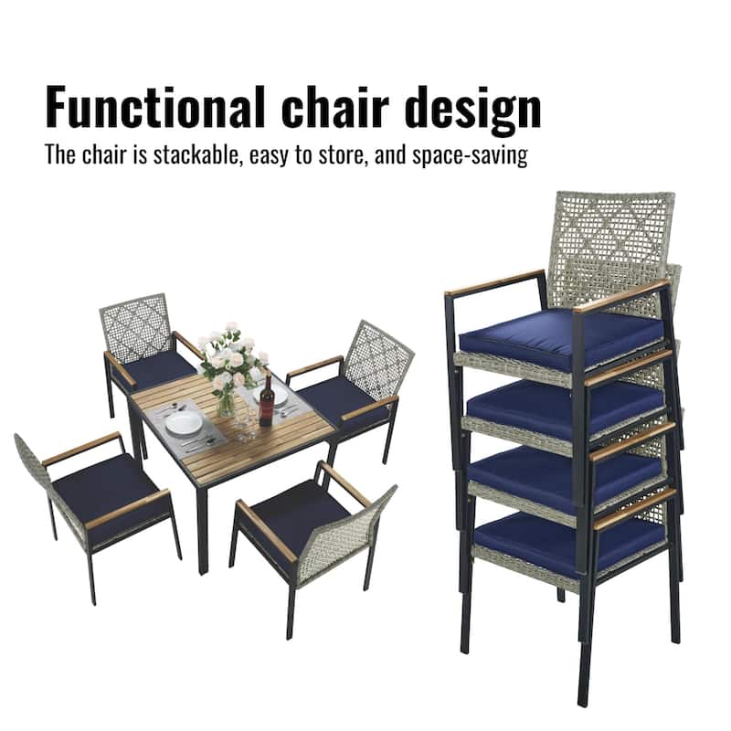 Modern 5-Piece Outdoor Patio Dining Set Acacia Wood Table and PE Rattan Chairs for Garden Furniture