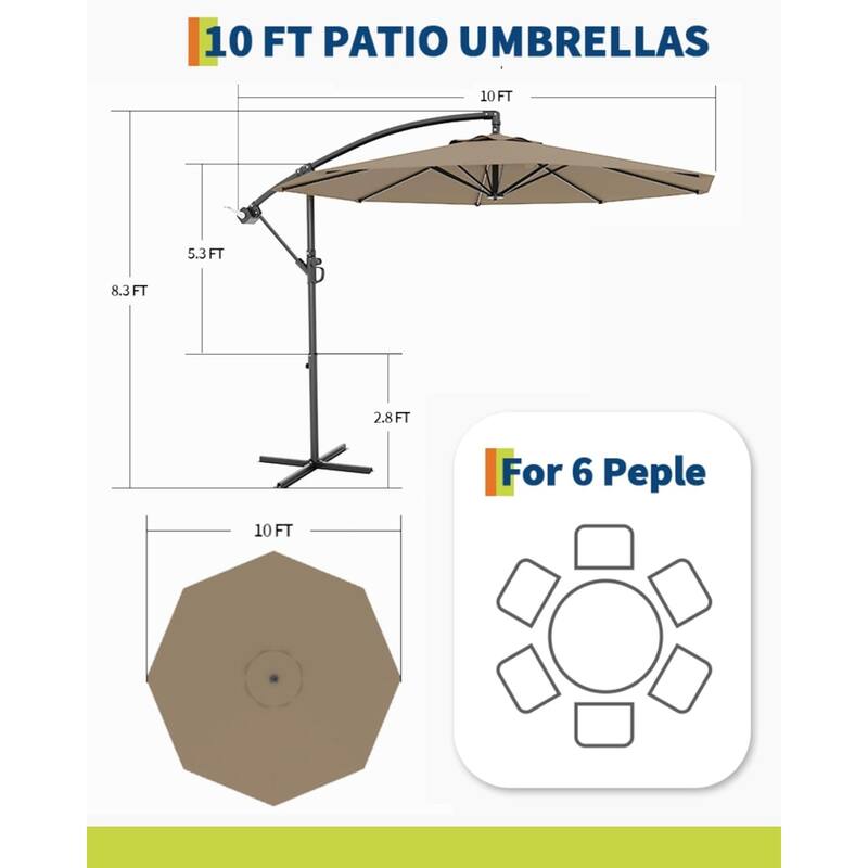 10FT Offset Umbrella with Cross Base, Fade Resistant Canopy Large Patio Umbrella with 360-degree