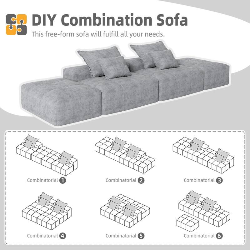 Floor Sofa Sectional Couch with 2 Ottoman, Modern Oversized Chenille Modular Sofa with 4 Pillows for Apartment
