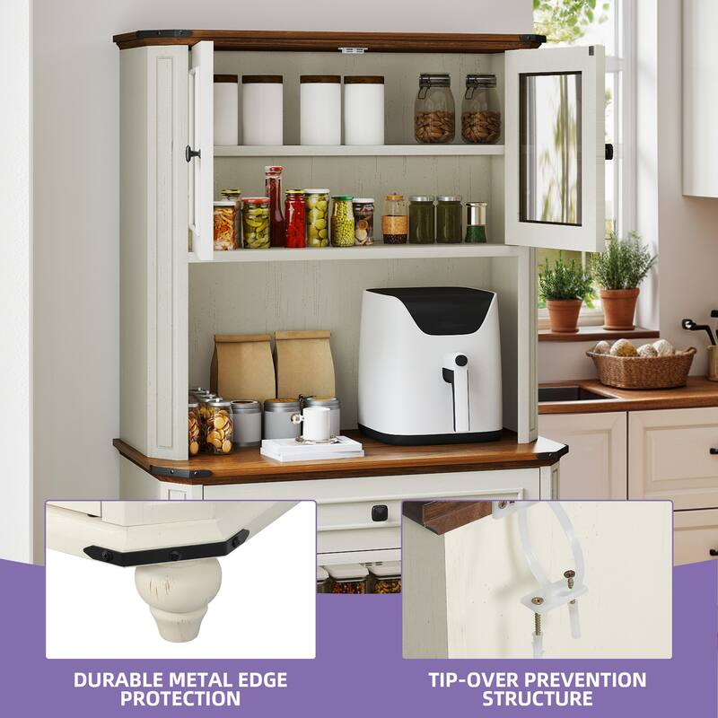 Moasis 67" Kitchen Pantry Storage Cabinet, Farmhouse Buffet Cabinet w/Microwave Stand and Charging Station