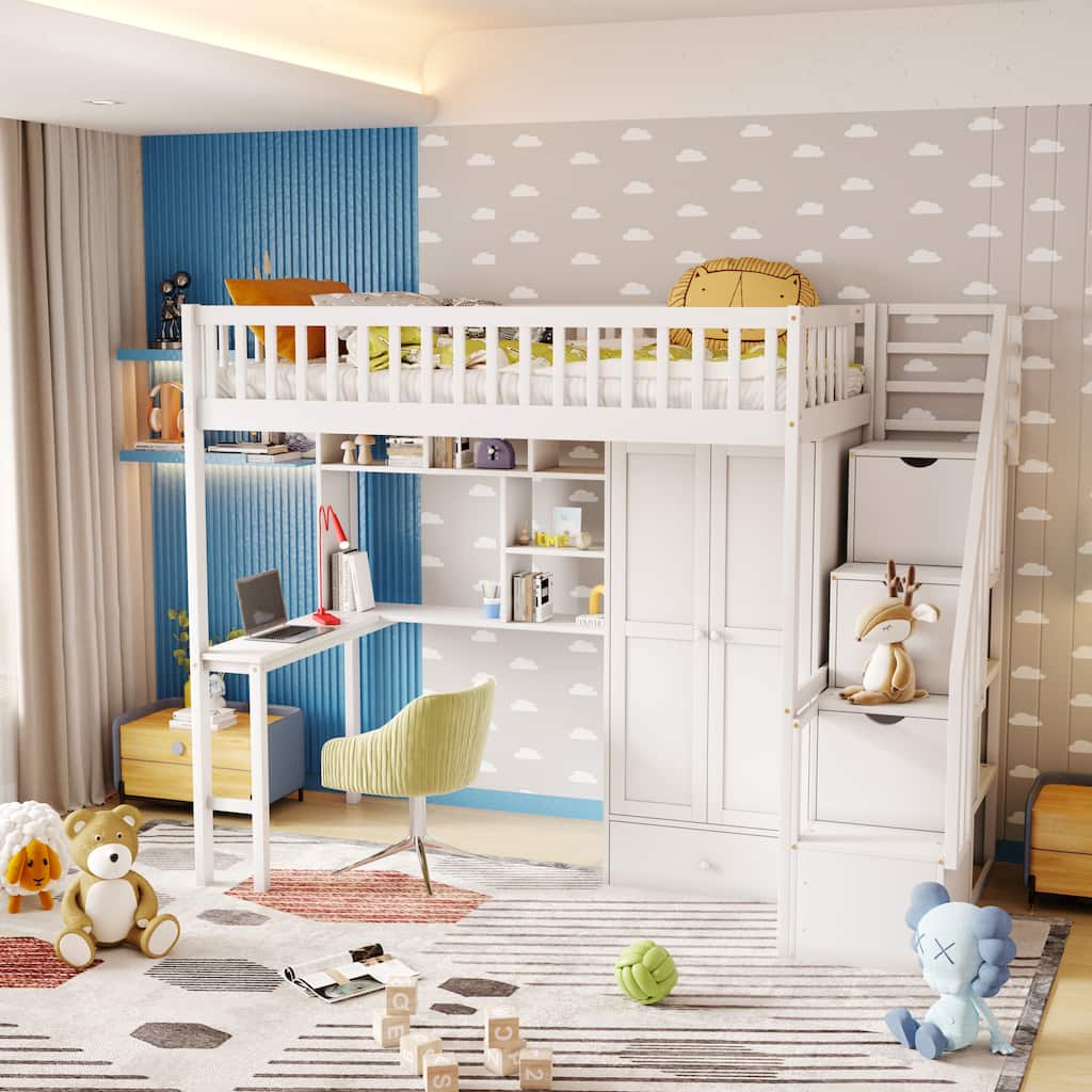 Full Size House Low Loft Bed with Four Drawers