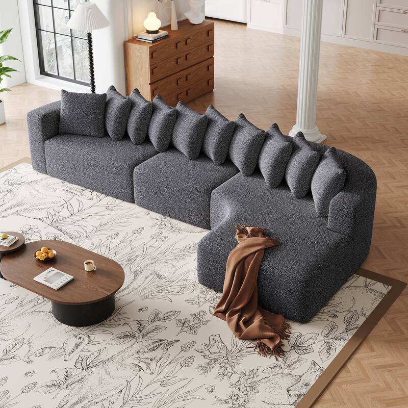 Living Room Chenille Corner Couch Curved Sectional Sofa with Chaise and 10 Pillows, Floor Standing Modular Compressed Sofa - Grey