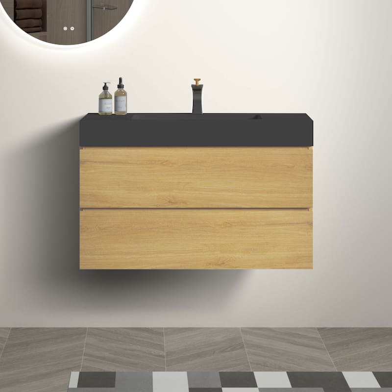 36"Bathroom Vanity with Sink,Wall Mounted Floating Bathroom Vanity,One-Piece Black Sink Basin without Drain and Faucet - Walnut+black