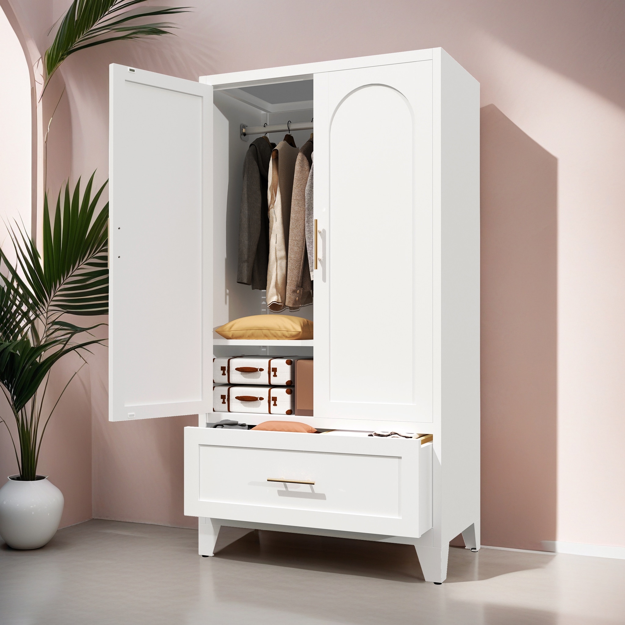 60" Tall Metal Wardrobe Closet Clothes Storage Cabinet with Folding and Hanging Areas, White