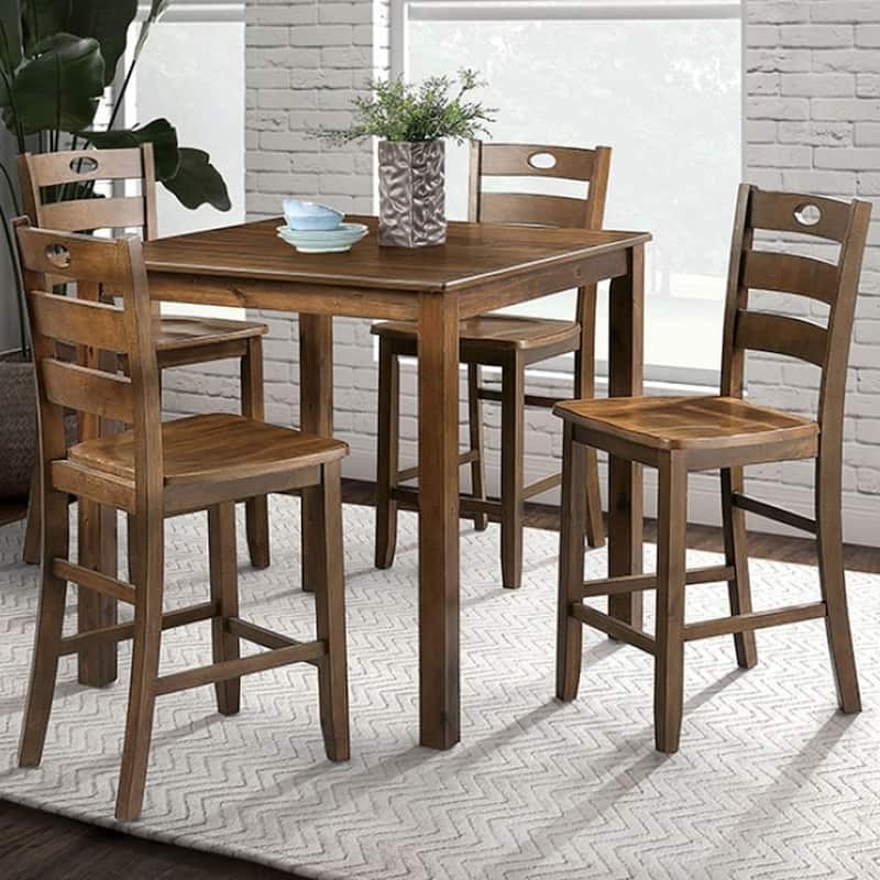 Country Cottage Walnut Solid Wood Dining Table and 4 Bar Stools Set
