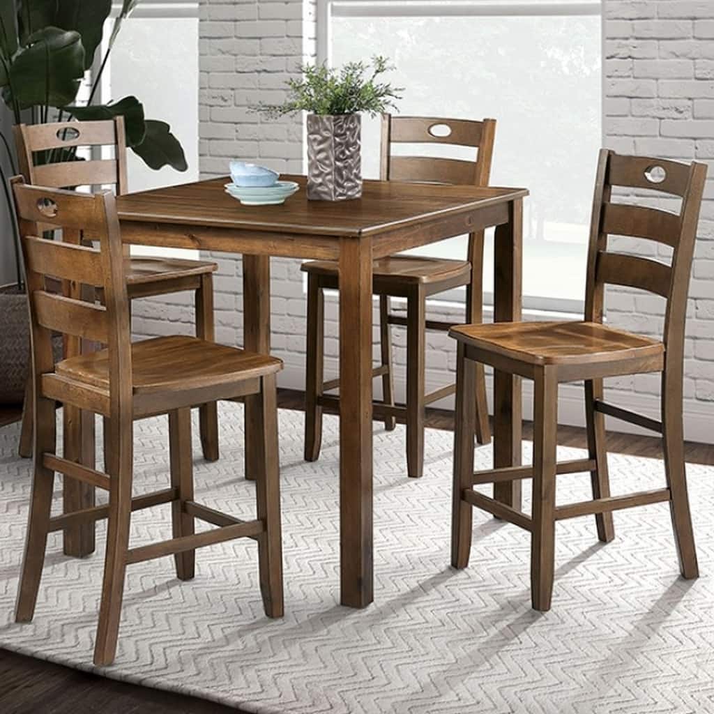 Country Cottage Walnut Solid Wood Dining Table and 4 Bar Stools Set