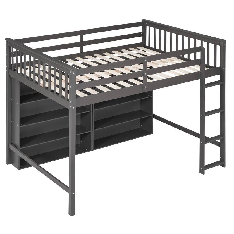 Grey Loft Bed with Open Storage Shelves, Built-in Ladder, Guardrail