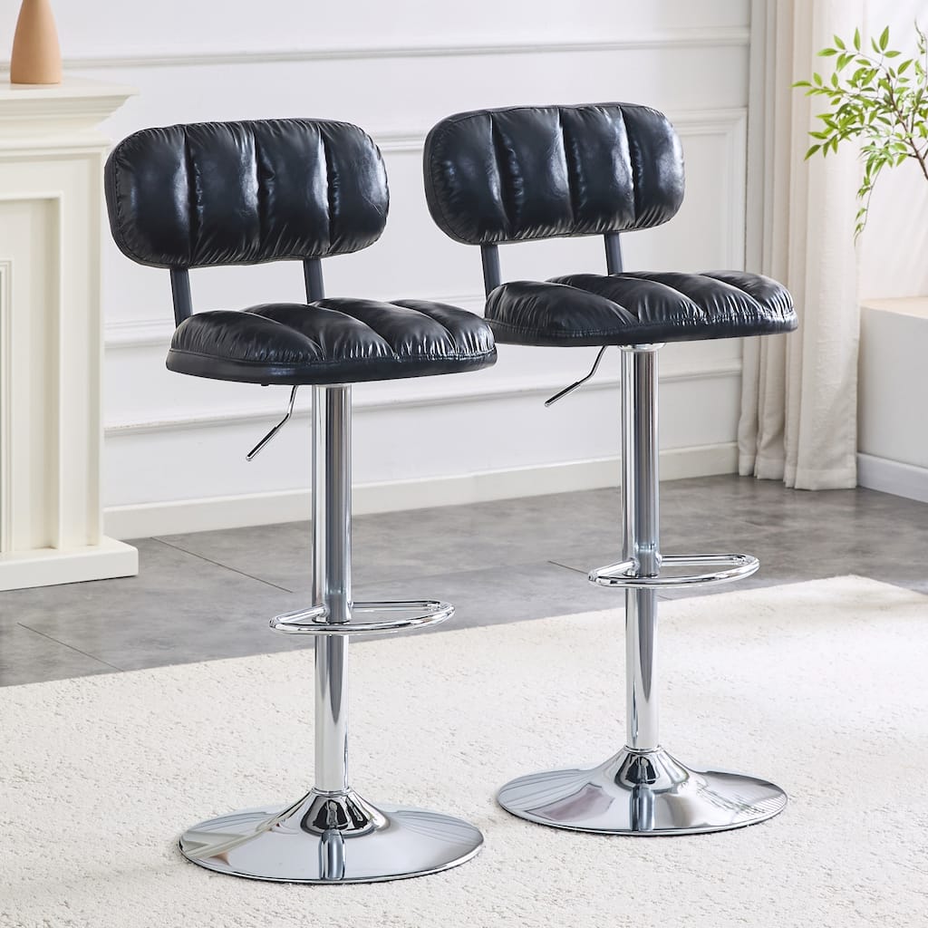 PU Leather Upholstered Bar Stools Set of 2, Adjustable Height Swivel Bar Stools, Dining Chairs with Chrome Base & Footrest